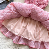 Ndyad Rococo Pink Strapless Tulle Applique Short Ball Gown, Sweet 16 Dress HZ1024