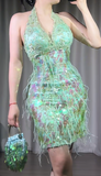 Ndyad Green Halter Sheath Beaded Sequin Chiffon Short Prom Dresses HZ1024
