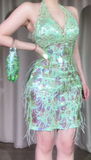 Ndyad Green Halter Sheath Beaded Sequin Chiffon Short Prom Dresses HZ1024