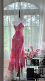 Ndyad Pink Sheath Printed Chiffon Short Prom Dresses, Spaghetti Strap Evening Dress HZ1024