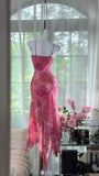 Ndyad Pink Sheath Printed Chiffon Short Prom Dresses, Spaghetti Strap Evening Dress HZ1024