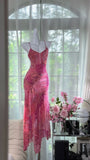 Ndyad Pink Sheath Printed Chiffon Short Prom Dresses, Spaghetti Strap Evening Dress HZ1024