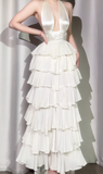 Ndyad Off-White Halter Neck A-Line Layered Chiffon Long Prom Dresses, Elegant Backless Evening Gowns HZ1024