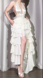 Ndyad Off-White Halter Neck A-Line Layered Chiffon Long Prom Dresses, Elegant Backless Evening Gowns HZ1024