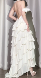 Ndyad Off-White Halter Neck A-Line Layered Chiffon Long Prom Dresses, Elegant Backless Evening Gowns HZ1024