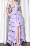 Ndyad Off-White Halter Neck A-Line Layered Chiffon Long Prom Dresses, Elegant Backless Evening Gowns HZ1024