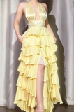 Ndyad Off-White Halter Neck A-Line Layered Chiffon Long Prom Dresses, Elegant Backless Evening Gowns HZ1024