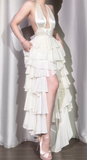 Ndyad Off-White Halter Neck A-Line Layered Chiffon Long Prom Dresses, Elegant Backless Evening Gowns HZ1024