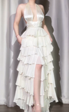 Ndyad Off-White Halter Neck A-Line Layered Chiffon Long Prom Dresses, Elegant Backless Evening Gowns HZ1024