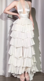 Ndyad Off-White Halter Neck A-Line Layered Chiffon Long Prom Dresses, Elegant Backless Evening Gowns HZ1024