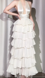 Ndyad Off-White Halter Neck A-Line Layered Chiffon Long Prom Dresses, Elegant Backless Evening Gowns HZ1024