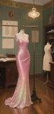 Ndyad Ombre Pink Spaghetti Strap Mermaid Sequin Long Prom Dresses, Formal Evening Gowns HZ1024