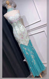 Ndyad Tiffany Blue Spaghetti Strap Sheath Beaded Chiffon Long Prom Dresses, Formal Elegant Evening Gowns HZ1024