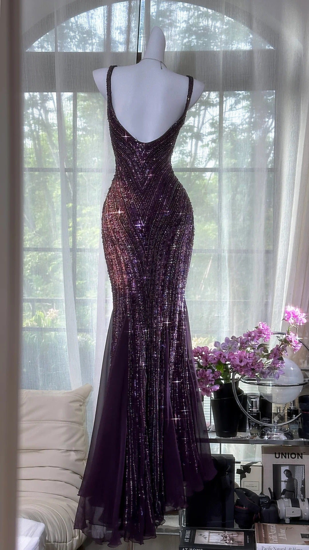Ndyad Dark Purple Guest Dresses V-Neck Mermaid Beaded Chiffon Long Stunning Prom Dresses, Formal Evening Dresses HZ1024