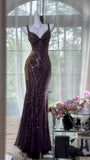 Ndyad Dark Purple Guest Dresses V-Neck Mermaid Beaded Chiffon Long Stunning Prom Dresses, Formal Evening Dresses HZ1024