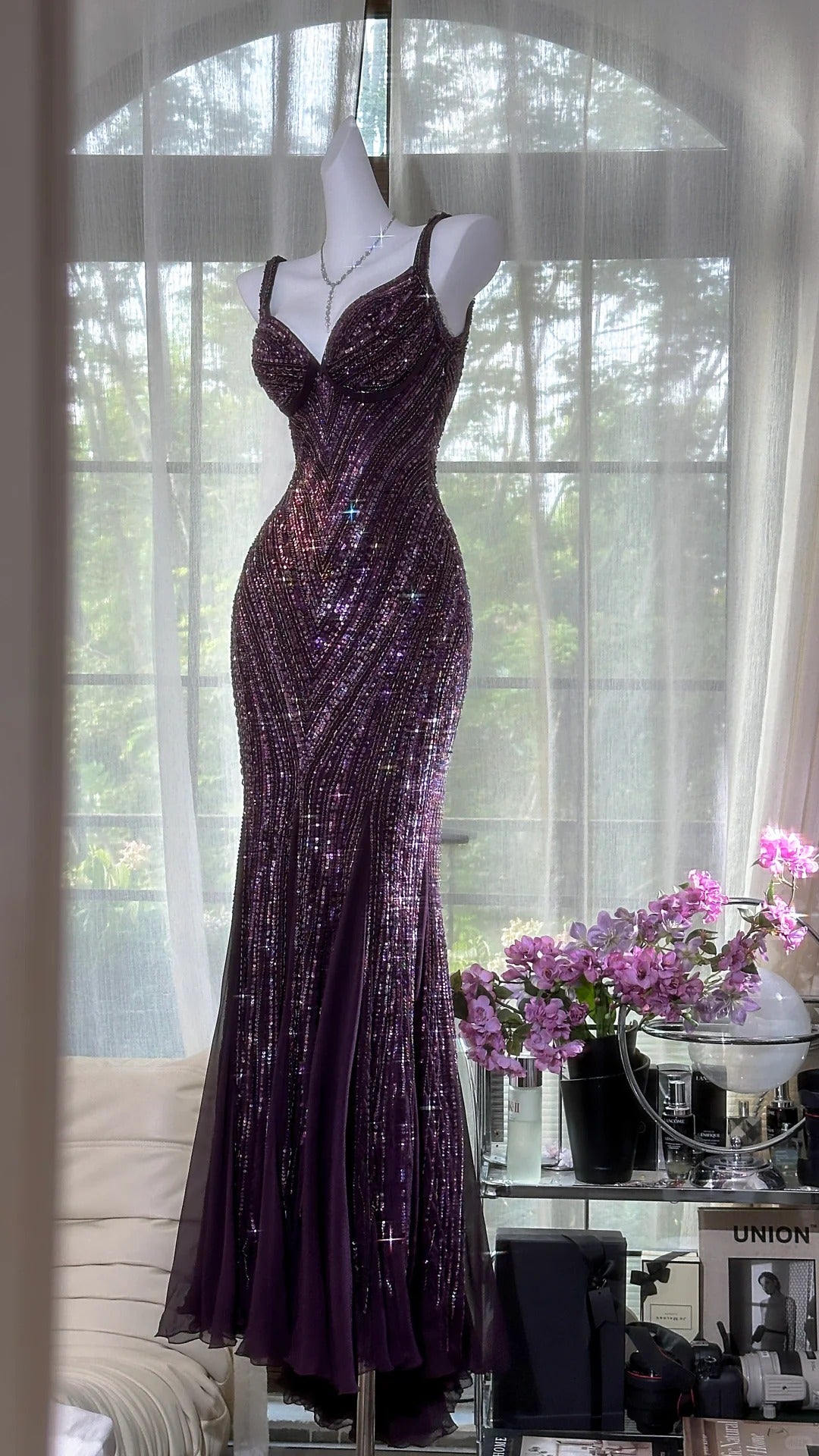 Ndyad Dark Purple Guest Dresses V-Neck Mermaid Beaded Chiffon Long Stunning Prom Dresses, Formal Evening Dresses HZ1024
