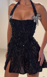 Ndyad Halter Neck A-Line Beaded Tulle Short Prom Dresses, Black Back to School Outfits HZ1024