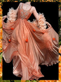 Ndyad Orange Tulle A-Line Beaded Tulle Long Prom Dresses, Sweet 16 Dress HZ1024