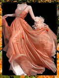 Ndyad Orange Tulle A-Line Beaded Tulle Long Prom Dresses, Sweet 16 Dress HZ1024