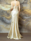 Ndyad Light Champagne Sheath Halter Beaded Satin Long Prom Dresses, Vintage Formal Evening Gowns HZ1024