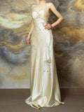 Ndyad Light Champagne Sheath Halter Beaded Satin Long Prom Dresses, Vintage Formal Evening Gowns HZ1024
