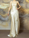 Ndyad Light Champagne Sheath Halter Beaded Satin Long Prom Dresses, Vintage Formal Evening Gowns HZ1024