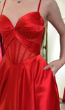 Ndyad Red Spaghetti Straps A-Line Satin Long Prom Dresses, Formal Evening Gowns with Open Back HZ1024