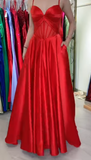 Ndyad Red Spaghetti Straps A-Line Satin Long Prom Dresses, Formal Evening Gowns with Open Back HZ1024