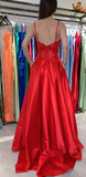 Ndyad Red Spaghetti Straps A-Line Satin Long Prom Dresses, Formal Evening Gowns with Open Back HZ1024