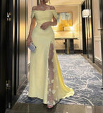 Ndyad Butter Yellow Off-shoulder Sheath Chiffon Beaded Long Prom Dresses, Formal Elegant Evening Gowns HZ1024