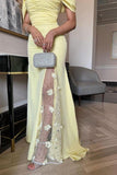 Ndyad Butter Yellow Off-shoulder Sheath Chiffon Beaded Long Prom Dresses, Formal Elegant Evening Gowns HZ1024