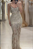 Ndyad Champagne Gold Sheath Tulle Sequin Beading Long Prom Dresses, Spaghetti Strap Formal Evening Gowns HZ1024