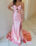 Ndyad Strapless Sheath Glitter Satin Long Formal Evening Gowns with Slits HZ1024