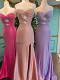 Ndyad Strapless Sheath Glitter Satin Long Formal Evening Gowns with Slits HZ1024