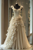 Ndyad White Sweetheart Neck A-Line Chiffon Long Wedding Dress with Appliques HZ1024