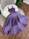 Ndyad Purple Spaghetti Strap A-Line Beaded Satin Long Prom Dresses, Sweet Birthday Party Outfit HZ1024