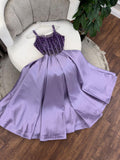 Ndyad Purple Spaghetti Strap A-Line Beaded Satin Long Prom Dresses, Sweet Birthday Party Outfit HZ1024