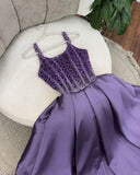 Ndyad Purple Spaghetti Strap A-Line Beaded Satin Long Prom Dresses, Sweet Birthday Party Outfit HZ1024