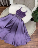 Ndyad Purple Spaghetti Strap A-Line Beaded Satin Long Prom Dresses, Sweet Birthday Party Outfit HZ1024