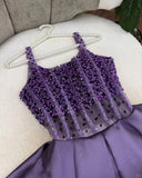 Ndyad Purple Spaghetti Strap A-Line Beaded Satin Long Prom Dresses, Sweet Birthday Party Outfit HZ1024