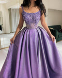 Ndyad Purple Spaghetti Strap A-Line Beaded Satin Long Prom Dresses, Sweet Birthday Party Outfit HZ1024