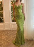 Ndyad Green Spaghetti Strap Mermaid Glitter Long Prom Dresses, Formal Evening Gowns HZ1024