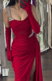 Ndyad Burgundy Spaghetti Strap Sheath Satin Long Prom Dresses, Formal Evening Gowns with Slits HZ1024
