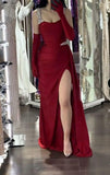 Ndyad Burgundy Spaghetti Strap Sheath Satin Long Prom Dresses, Formal Evening Gowns with Slits HZ1024