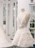 Ndyad White V-neck A-Line Beaded Tulle Short Wedding Dress, Sweet Birthday Dress HZ1024