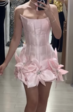Ndyad Light Pink V-neck A-Line Satin Appliques Short Prom Dresses, Stunning Homecoming Dresses HZ1024
