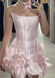 Ndyad Light Pink V-neck A-Line Satin Appliques Short Prom Dresses, Stunning Homecoming Dresses HZ1024