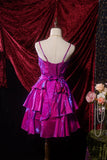 Ndyad Grape Purple A-Line Spaghetti Strap Satin Short Prom Dresses, Vintage Party Dress HZ1024