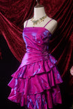 Ndyad Grape Purple A-Line Spaghetti Strap Satin Short Prom Dresses, Vintage Party Dress HZ1024