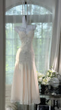 Ndyad White Spaghetti Strap Sheath Chiffon Beaded Dress, Elegant Evening Gowns HZ1024